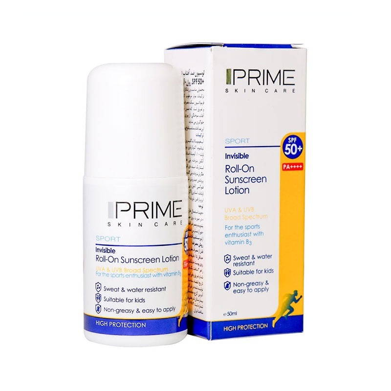 Prime Roll On Sunscreen Lotion Spf50 لوسیون ضد آفتاب بی رنگ پرایم با SPF50 مناسب انواع پوست حجم 50 میلی لیتر
